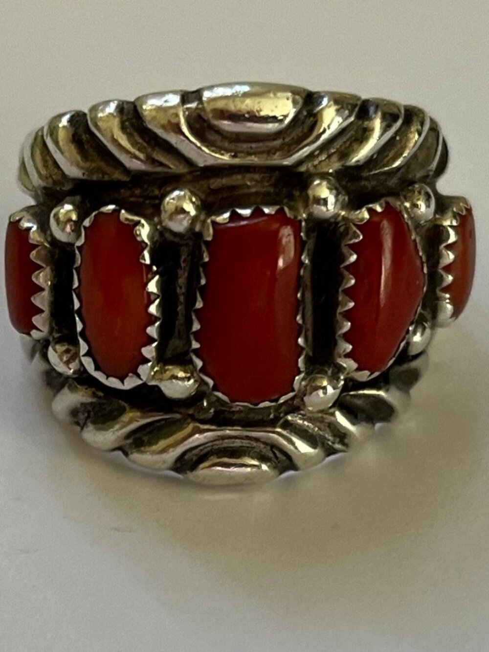 Men's Vintage Sterling Silver Red Coral Navajo Zuni Style Ring Sz 11.5-12